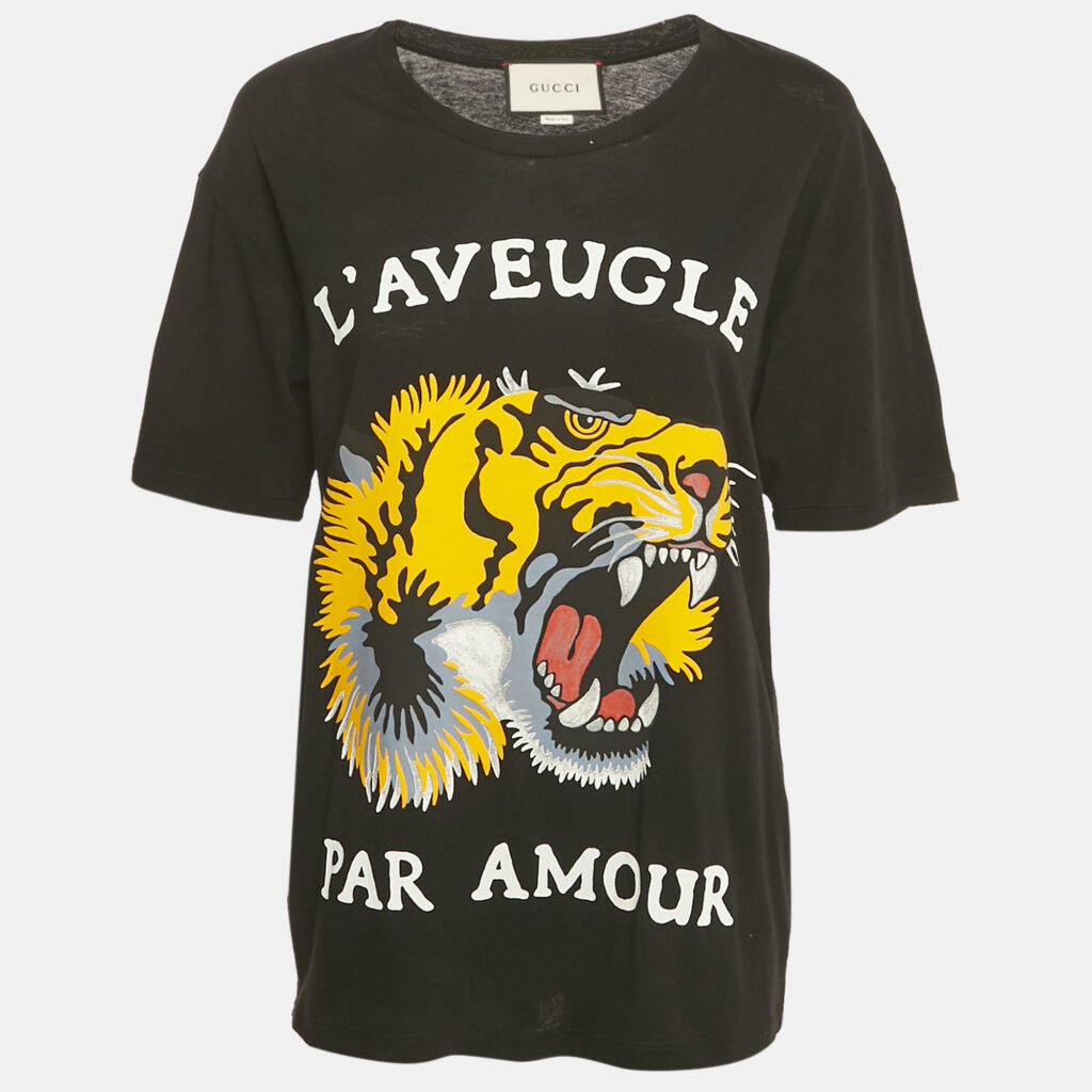 Gucci Black L'Aveugle Par Amour Tiger Print Cotton Distressed T-Shirt XS Gucci Black L'Aveugle Par Amour Tiger Print Cotton Distressed T-Shirt XS