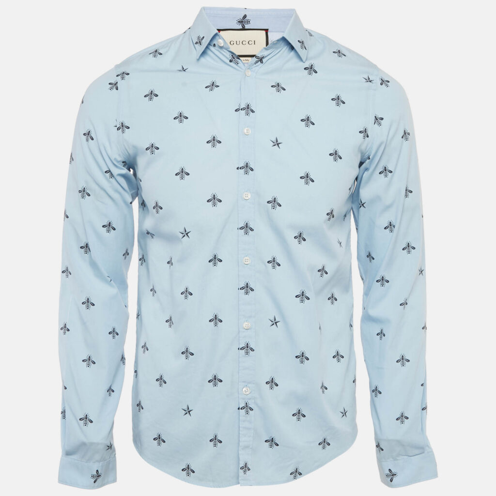 Gucci Blue Bee Print Cotton Duke Shirt XS