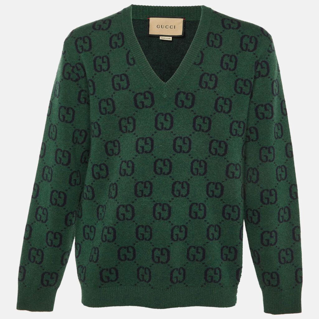 Gucci Green GG Web Intarsia Wool V-Neck Sweater M
