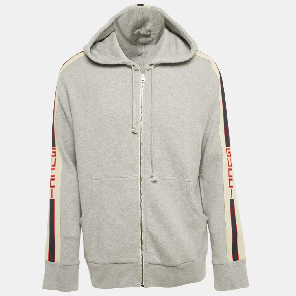 Gucci Grey GG Band Trim Cotton Zip-Up Hoodie XL Gucci Grey GG Band Trim Cotton Zip-Up Hoodie XL