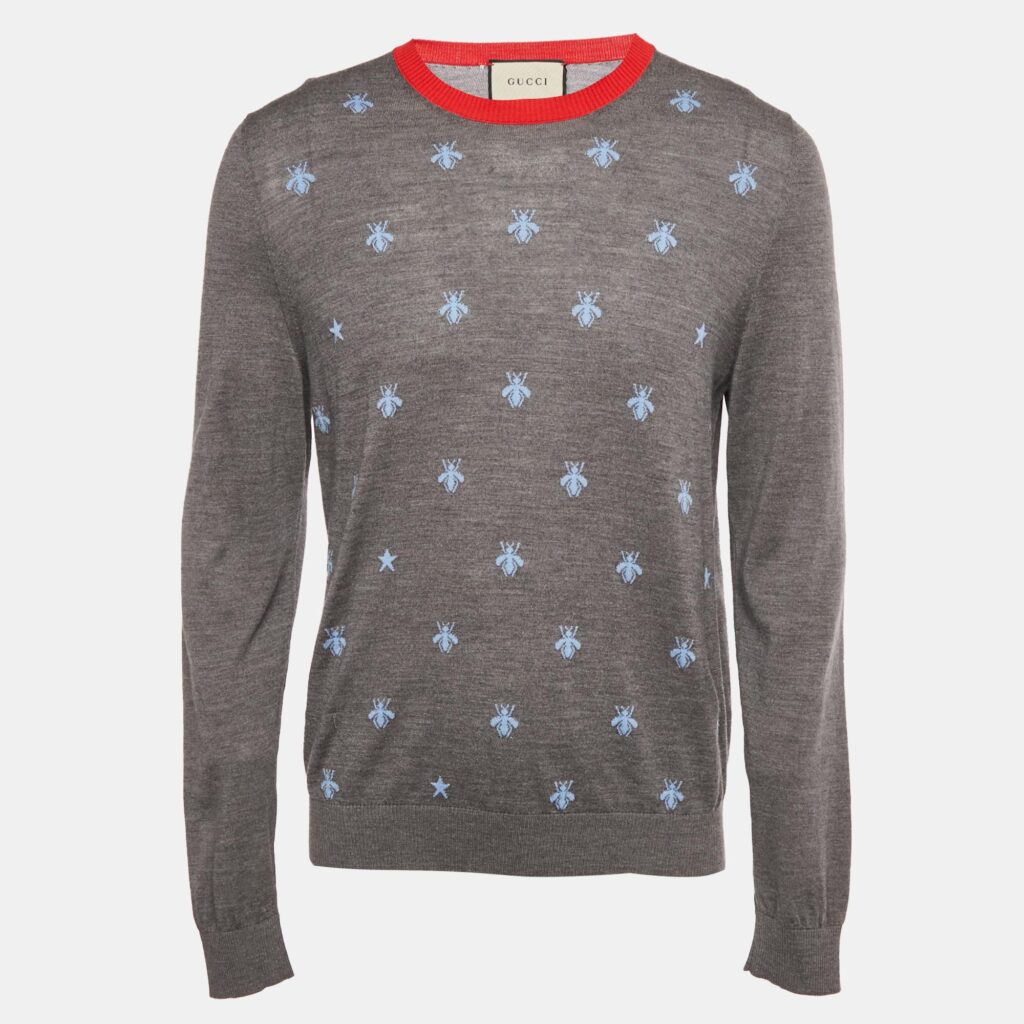 luxury-men-gucci-used-clothes-p1224716-001-1.jpg Gucci Grey Bee Intarsia Wool Knit Crew Neck Sweater XL