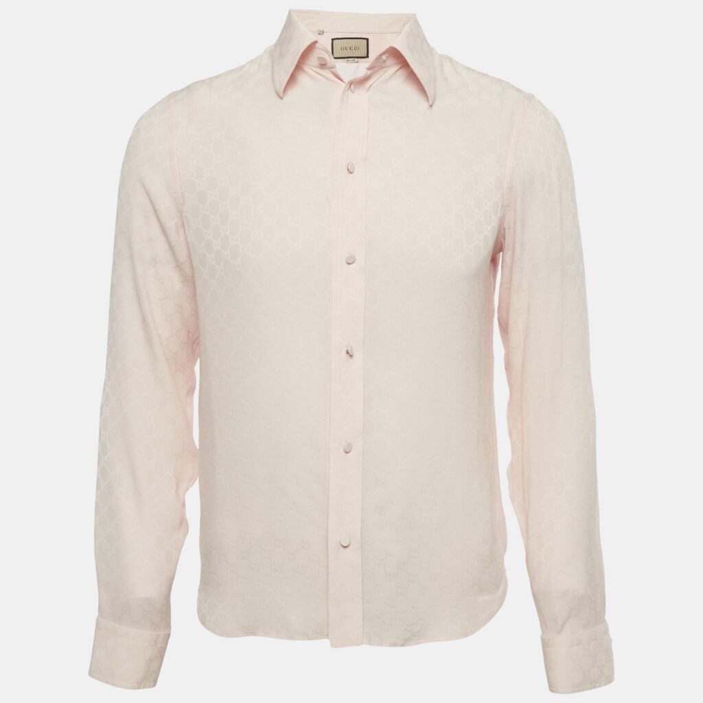 luxury-men-gucci-used-clothes-p1224786-001-1.jpg Gucci Pink GG Jacquard Silk Long Sleeve Shirt M