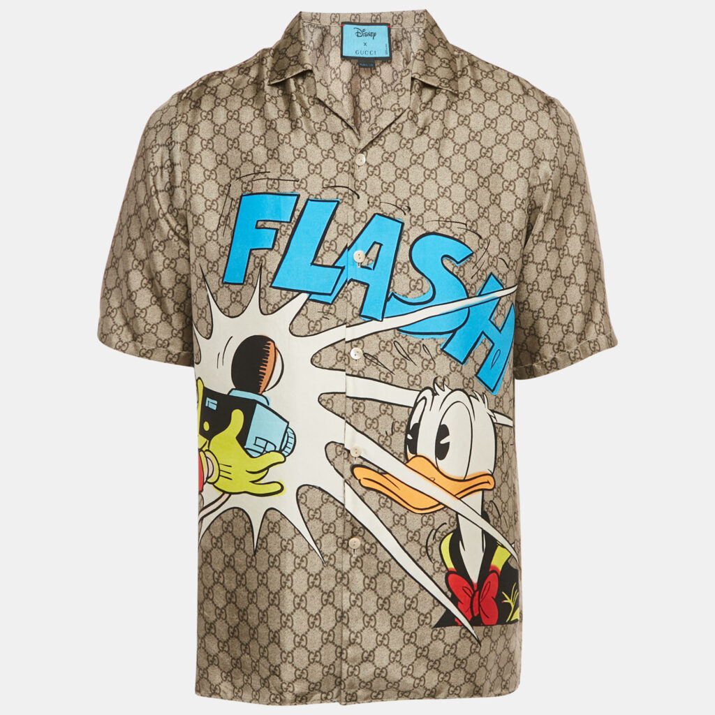 luxury-men-gucci-used-clothes-p1230003-001-1.jpg Gucci X Disney Brown GG Donald Duck 'Flash' Print Silk Bowling Shirt XS