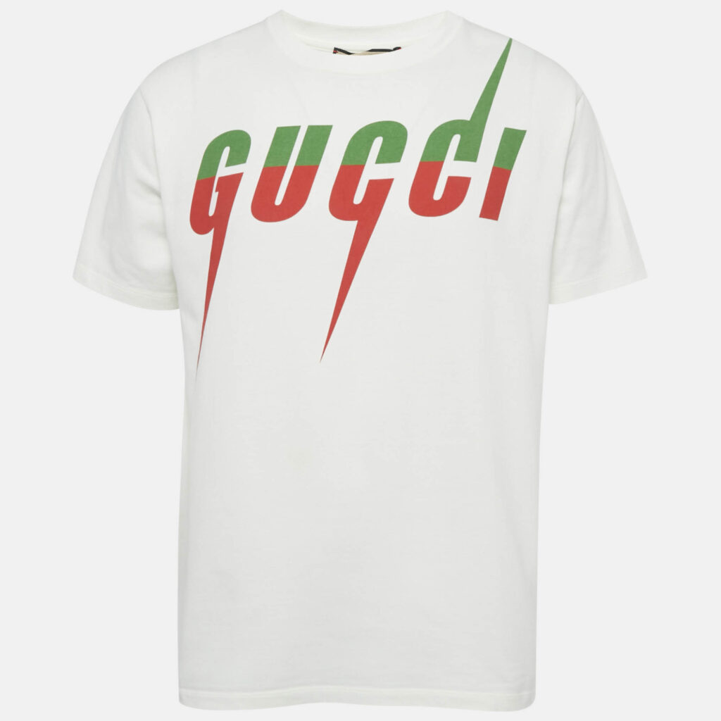 Gucci White Logo Print Cotton Jersey Crewneck T-Shirt S Gucci White Logo Print Cotton Jersey Crewneck T-Shirt S