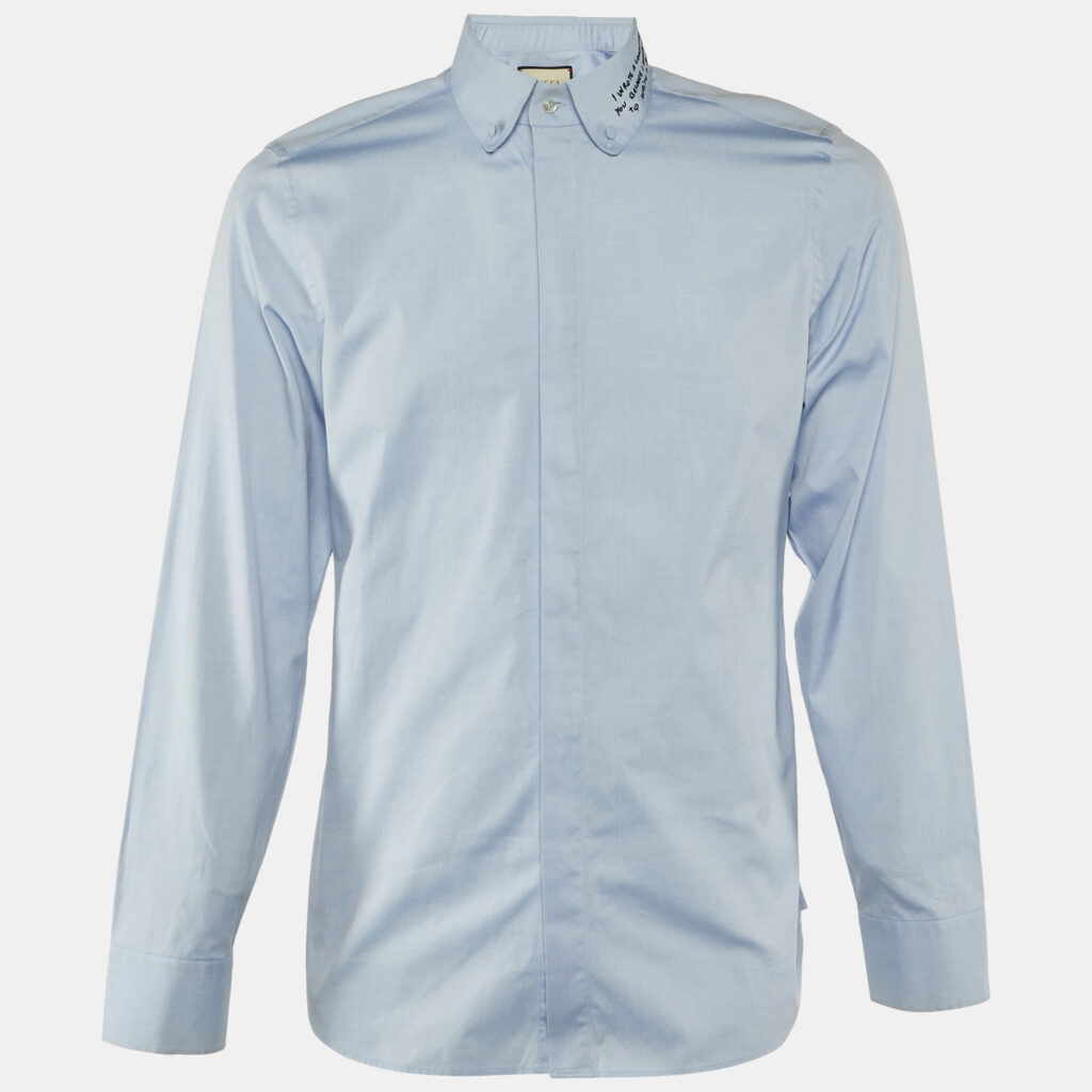 Gucci Blue Chambray Cotton Embroidered Collar Button Down Shirt M
