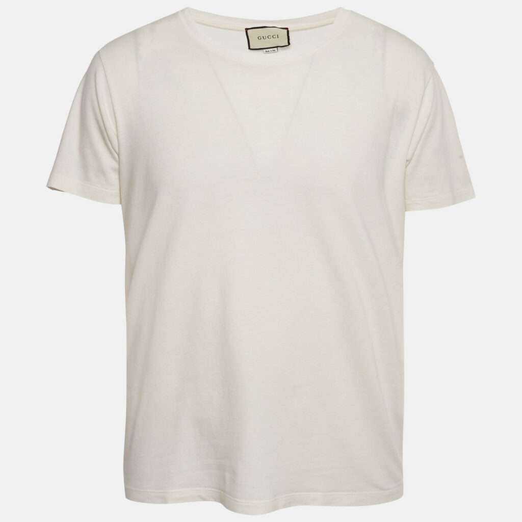 Gucci Cream Logo Print Jersey Distressed T-Shirt S Gucci Cream Logo Print Jersey Distressed T-Shirt S