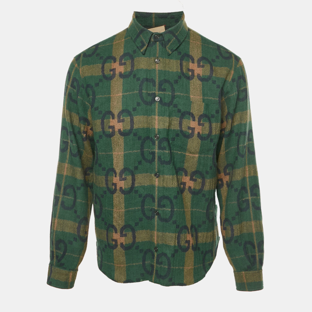 Gucci Green/Blue Jumbo GG Wool Long Sleeve Shirt S Gucci Green/Blue Jumbo GG Wool Long Sleeve Shirt S