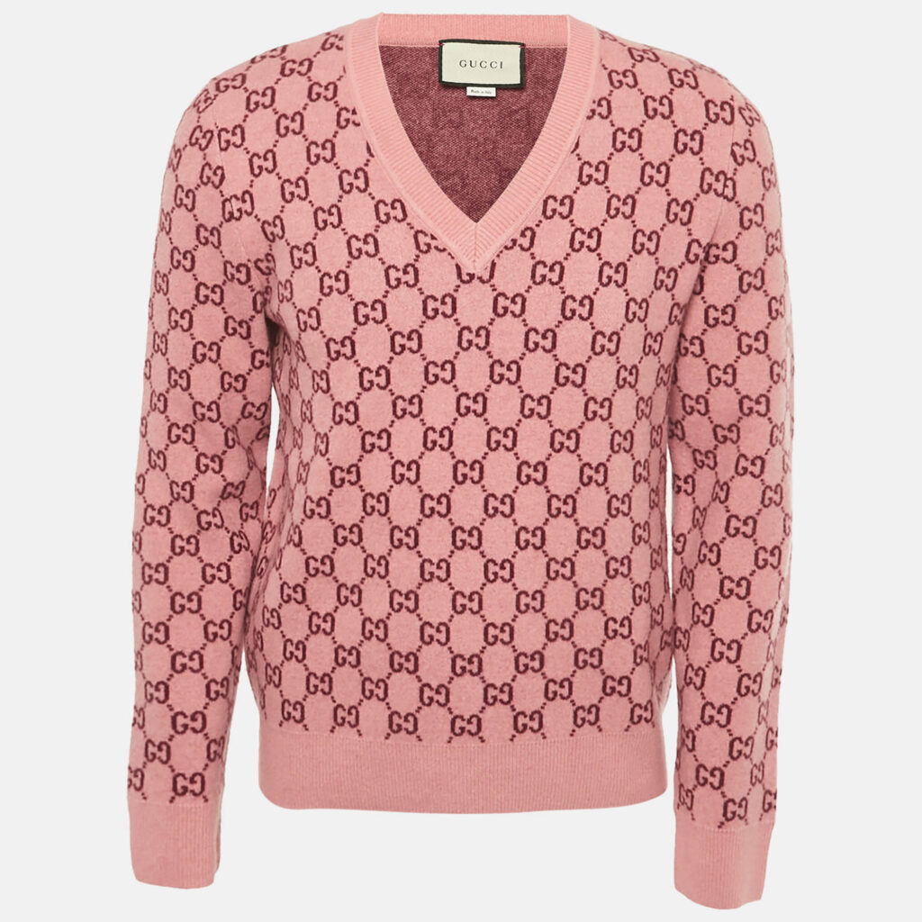 Gucci Pink GG Jacquard Wool V-Neck Sweater M Gucci Pink GG Jacquard Wool V-Neck Sweater M