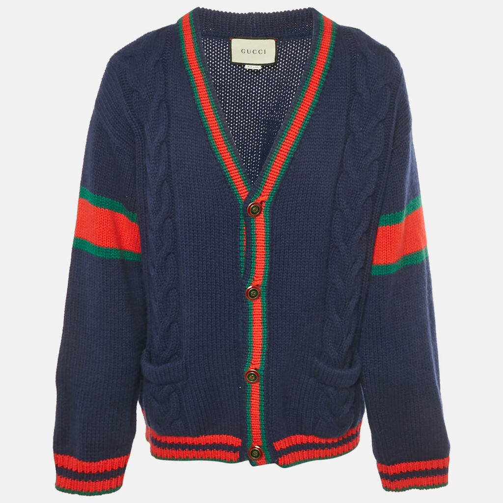 Gucci Navy Blue Web Intarsia Cable Knit Cardigan XL Gucci Navy Blue Web Intarsia Cable Knit Cardigan XL