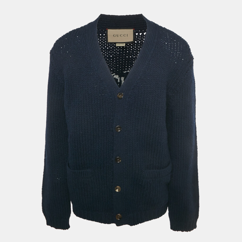 Gucci Navy Blue Logo Intarsia Cable Knit Cardigan L Gucci Navy Blue Logo Intarsia Cable Knit Cardigan L