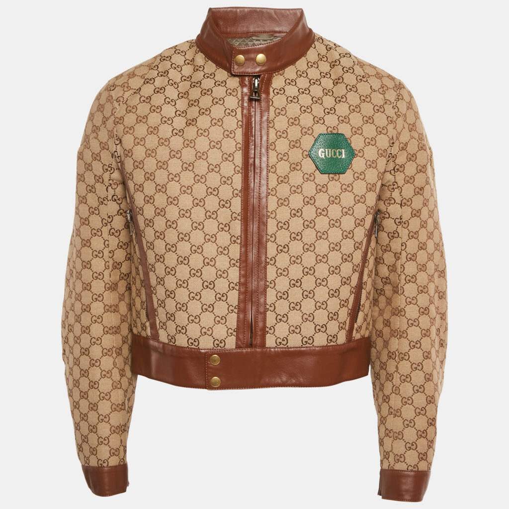Gucci Brown GG Jacquard Canvas and Leather Jacket L Gucci Brown GG Jacquard Canvas and Leather Jacket L