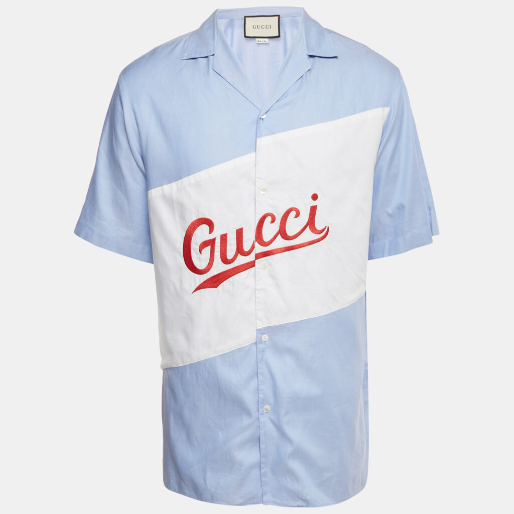 Gucci Light Blue Logo Embroidered Cotton Oversized Script Bowling Shirt M Gucci Light Blue Logo Embroidered Cotton Oversized Script Bowling Shirt M