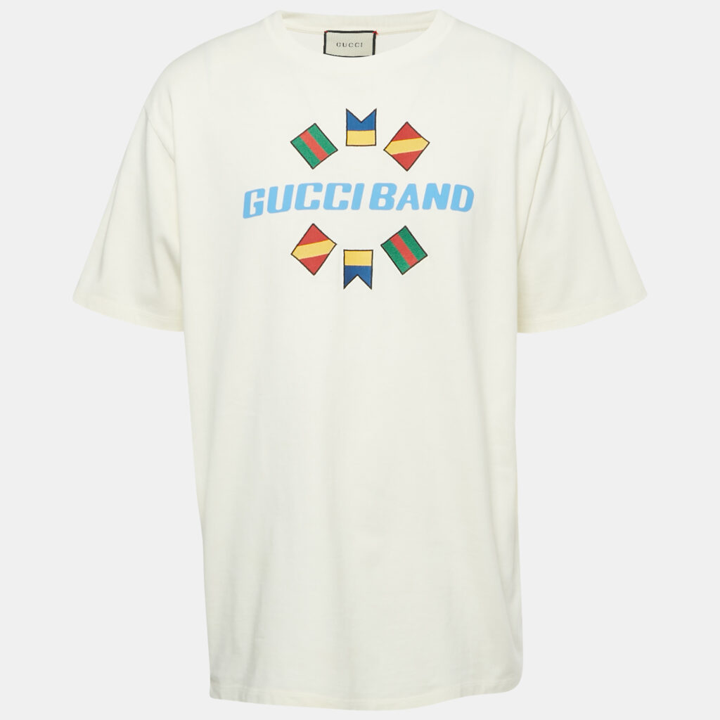 luxury-men-gucci-used-clothes-p1242021-005.jpg Gucci Cream Logo Band Print Cotton T-Shirt XL
