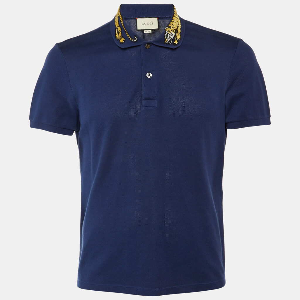 Gucci Navy Blue Cotton Tiger Embroidered Collar Polo T-Shirt M Gucci Navy Blue Cotton Tiger Embroidered Collar Polo T-Shirt M