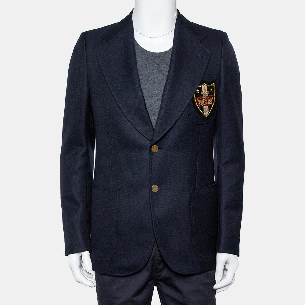 Gucci Navy Blue Wool & Mohair Chateau Marmont Embroidered Button Front Blazer M Gucci Navy Blue Wool & Mohair Chateau Marmont Embroidered Button Front Blazer M