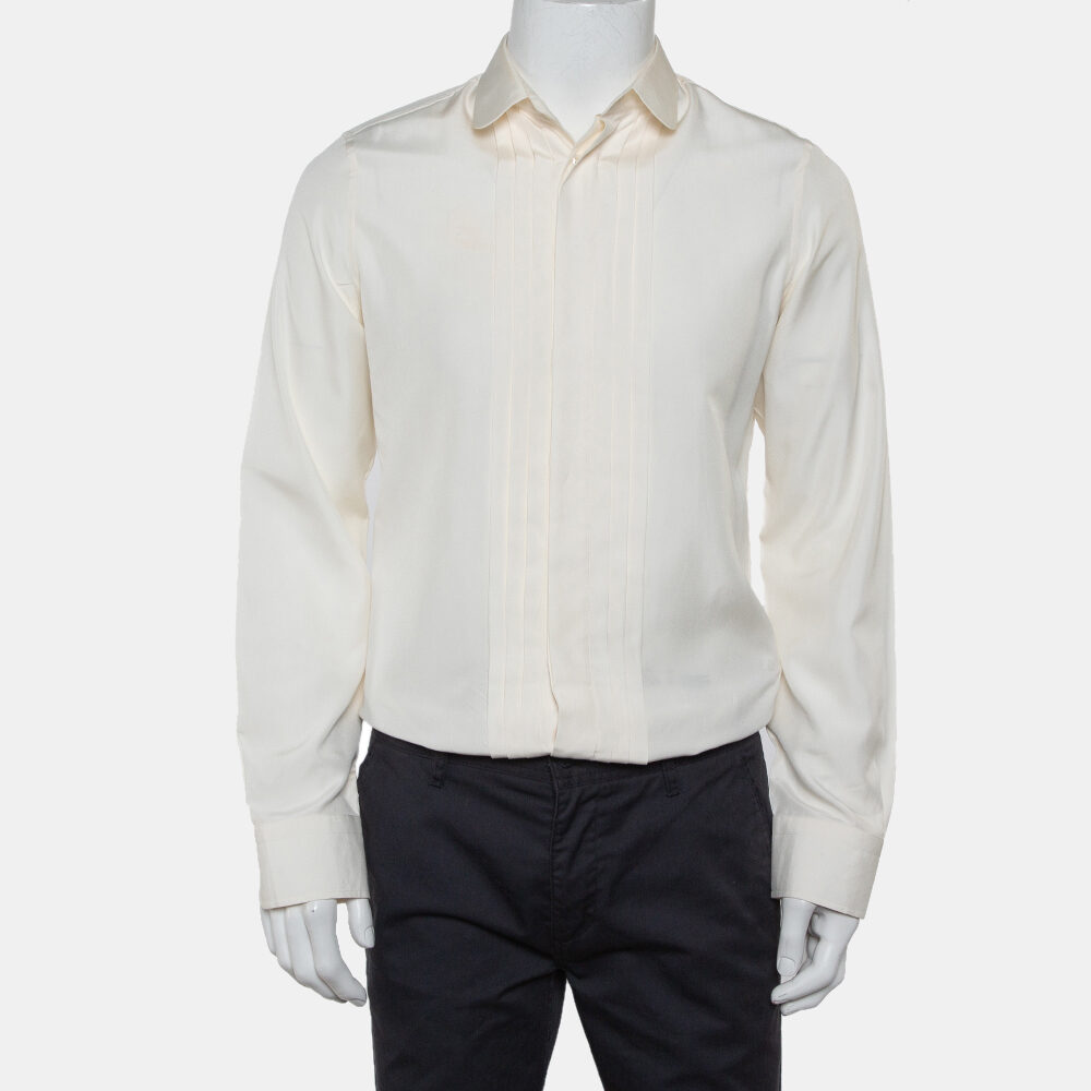 Gucci Cream Silk Pintuck Detail Button Front Skinny Shirt M Gucci Cream Silk Pintuck Detail Button Front Skinny Shirt M