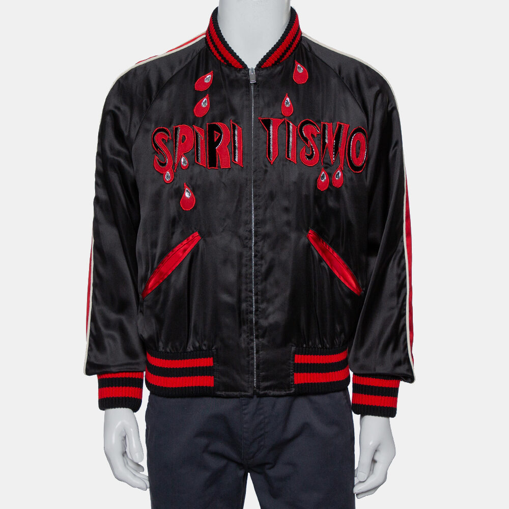 Gucci Black Satin Contrast Trim Spiritismo Applique Detail Bomber Jacket M Gucci Black Satin Contrast Trim Spiritismo Applique Detail Bomber Jacket M
