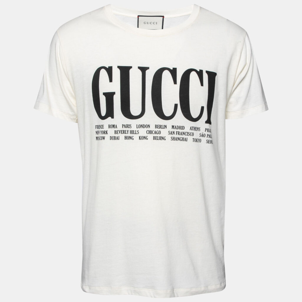 Gucci Cream Cotton Logo and Cities Printed Crewneck Short Sleeves T-Shirt S Gucci Cream Cotton Logo and Cities Printed Crewneck Short Sleeves T-Shirt S
