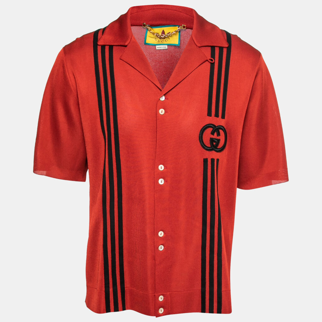 Gucci X Adidas Red GG Monogram Knit Short-Sleeve Shirt M