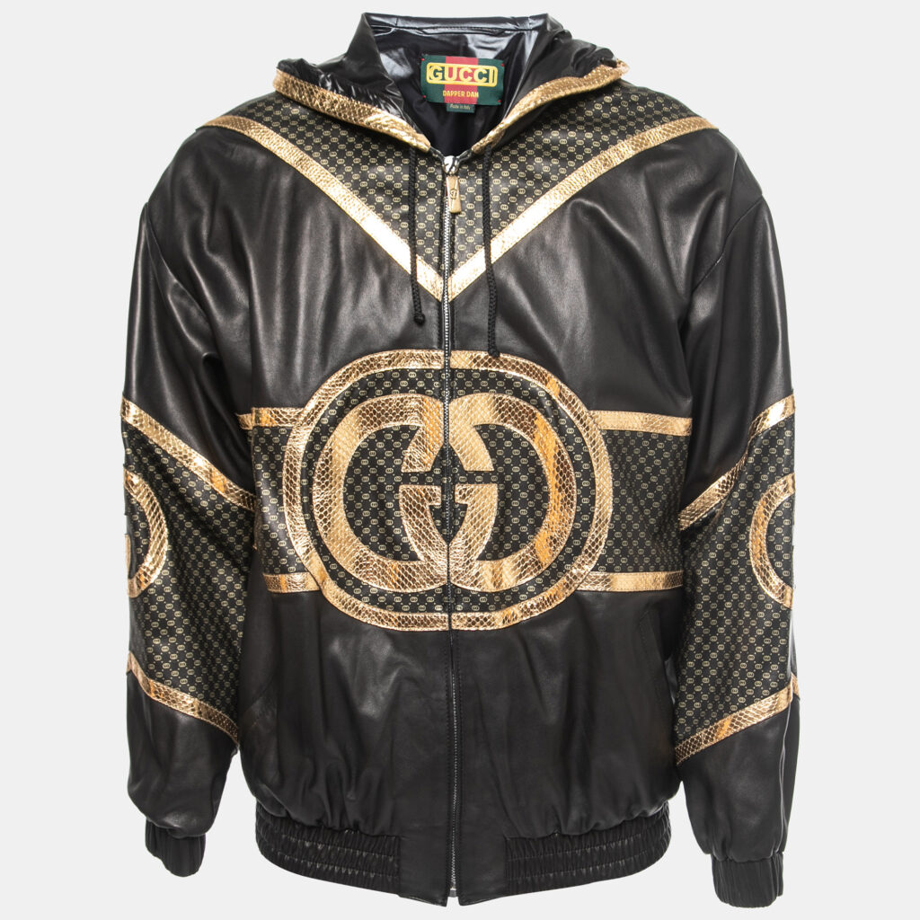 Gucci Dapper Dan Black & Gold Leather Logoed Hooded Jacket M Gucci Dapper Dan Black & Gold Leather Logoed Hooded Jacket M