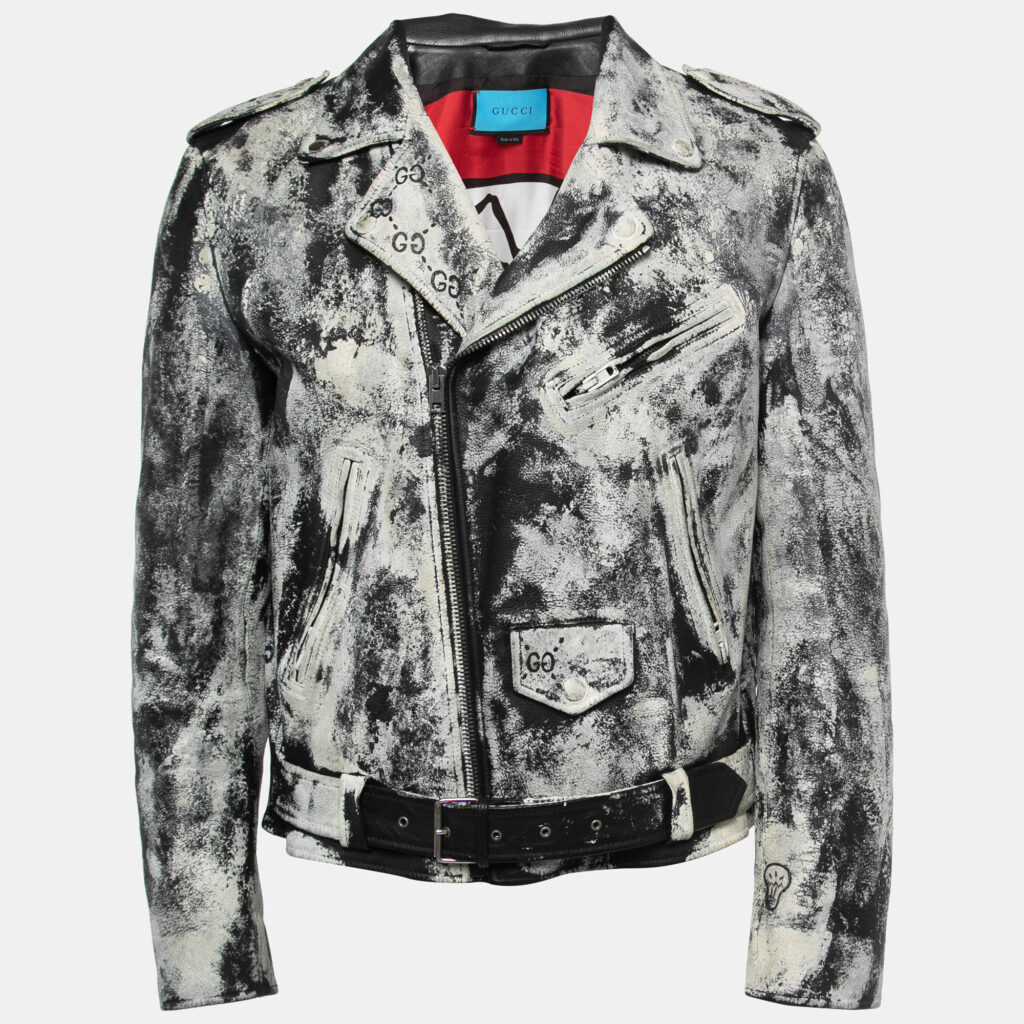 Gucci White/Black Hand Painted Leather Patch Detail Biker Jacket M Gucci White/Black Hand Painted Leather Patch Detail Biker Jacket M