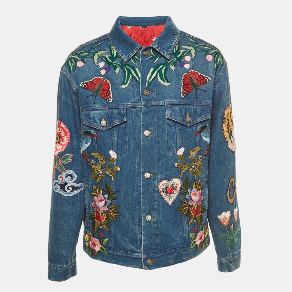 Gucci Blue Floral Embroidered Denim Jacket L Gucci Blue Floral Embroidered Denim Jacket L