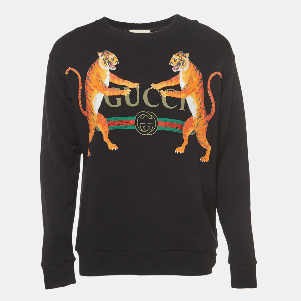 Gucci Black Logo Tiger Printed Cotton Knit Sweatshirt S Gucci Black Logo Tiger Printed Cotton Knit Sweatshirt S