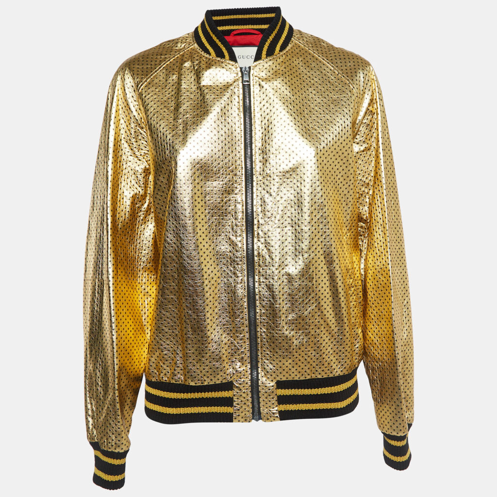 Gucci Gold Metallic Stars Print Crinkle Leather Bomber Jacket XS Gucci Gold Metallic Stars Print Crinkle Leather Bomber Jacket XS