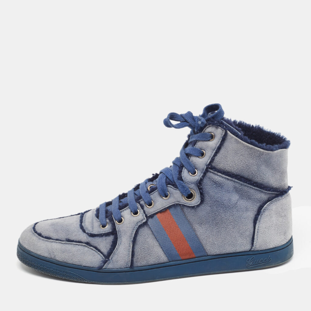 Gucci Blue Suede and Shearling Web Lace Up High Top Sneakers Size 45.5 Gucci Blue Suede and Shearling Web Lace Up High Top Sneakers Size 45.5