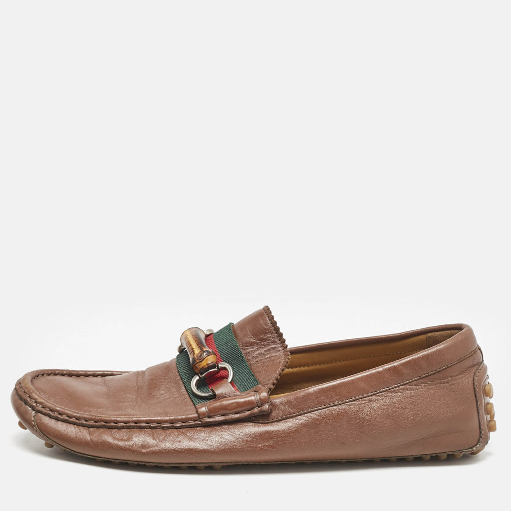 Gucci Brown Leather Bamboo Horsebit Web Detail Loafers Size 42 Gucci Brown Leather Bamboo Horsebit Web Detail Loafers Size 42