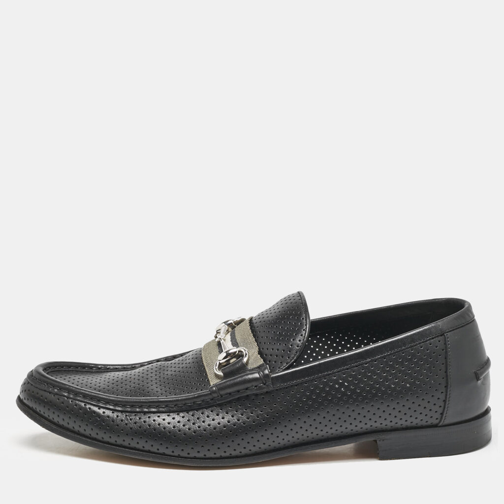 Gucci Black Perforated Leather Horsebit Web Slip On Loafers Size 42.5 Gucci Black Perforated Leather Horsebit Web Slip On Loafers Size 42.5