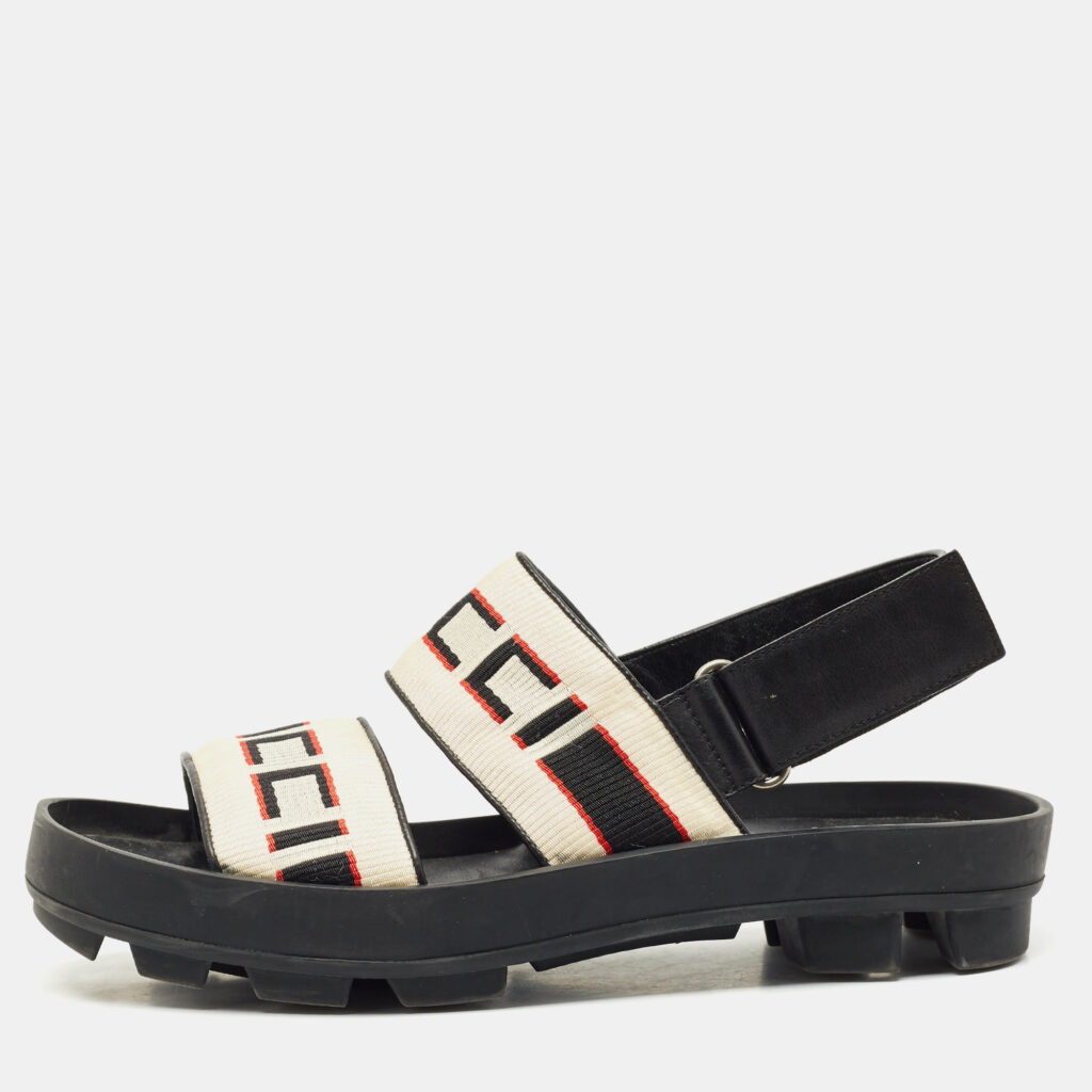 Gucci Beige/Black Stripe Logo Nylon and Leather Flat Sandals Size 40