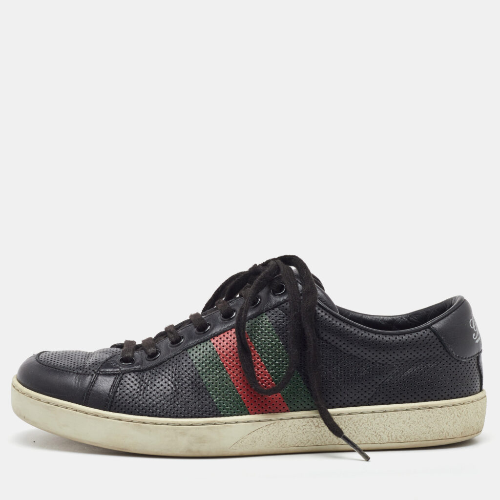Gucci Black Perforated Leather Web Detail Low Top Sneakers Size 40 Gucci Black Perforated Leather Web Detail Low Top Sneakers Size 40