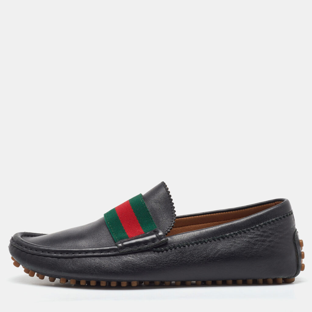 Gucci Black Leather Web Detail Slip On Loafers Size 39.5