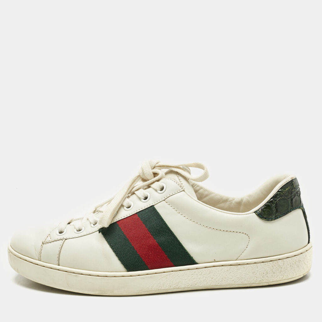 Gucci White Crocodile Leather and Leather Ace Lace Up Sneakers Size 40 Gucci White Crocodile Leather and Leather Ace Lace Up Sneakers Size 40