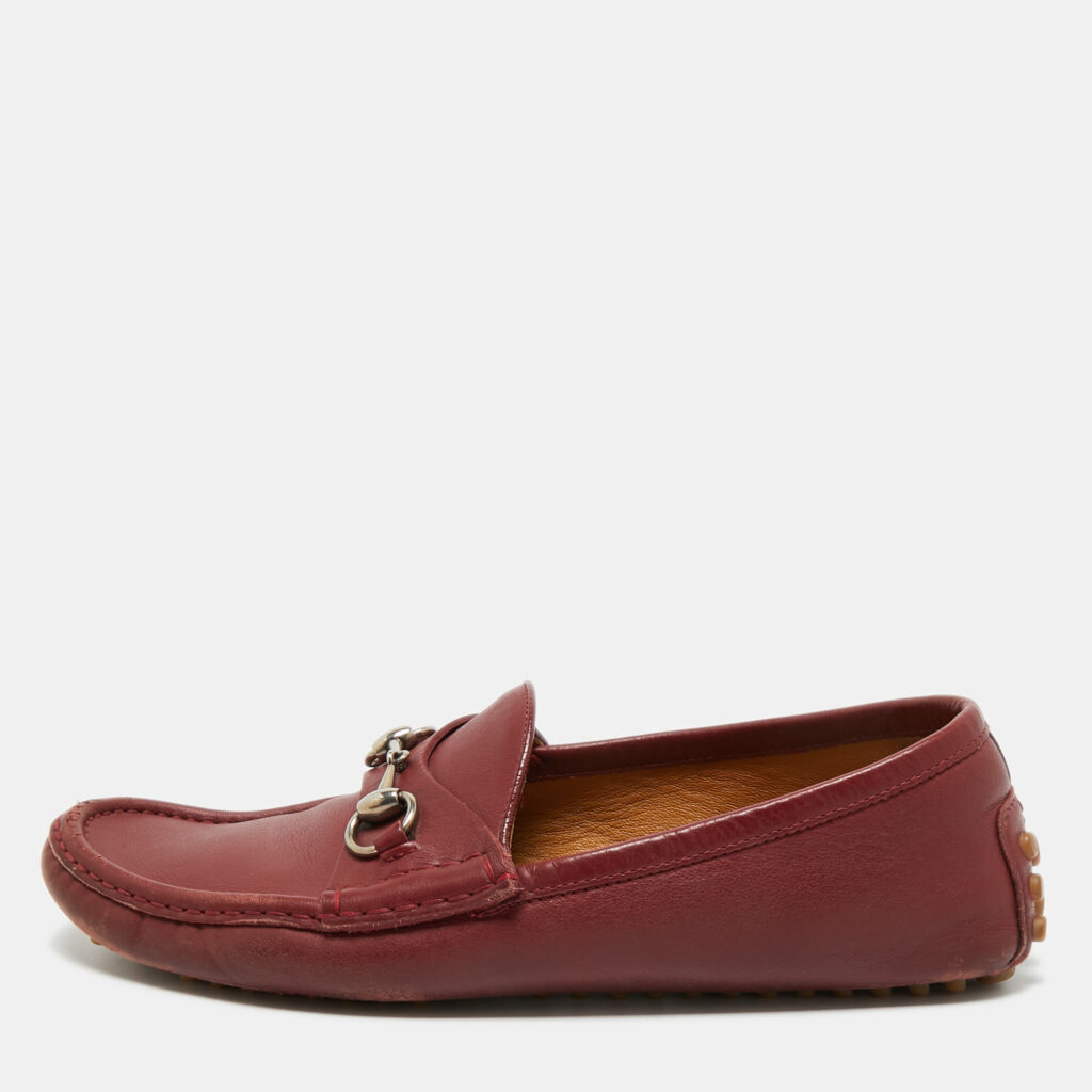 Gucci Dark Red Leather Horsebit Slip On Loafers Size 42