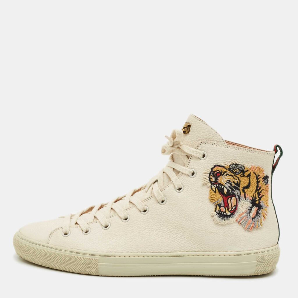 Gucci Cream Leather Tiger Embroidered High Top Sneakers Size 43.5