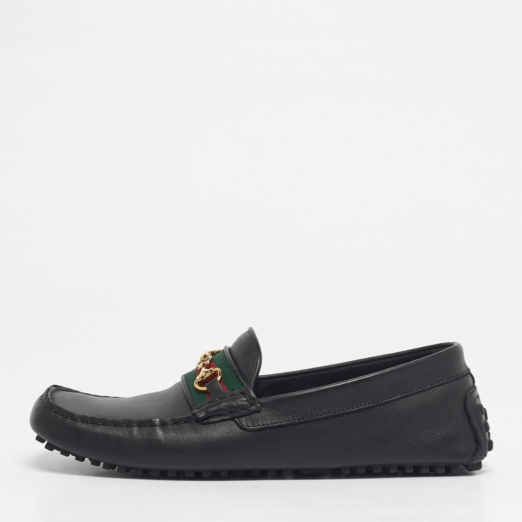 Gucci Black Leather Horsebit Web Detail Driver Loafers Size 42.5