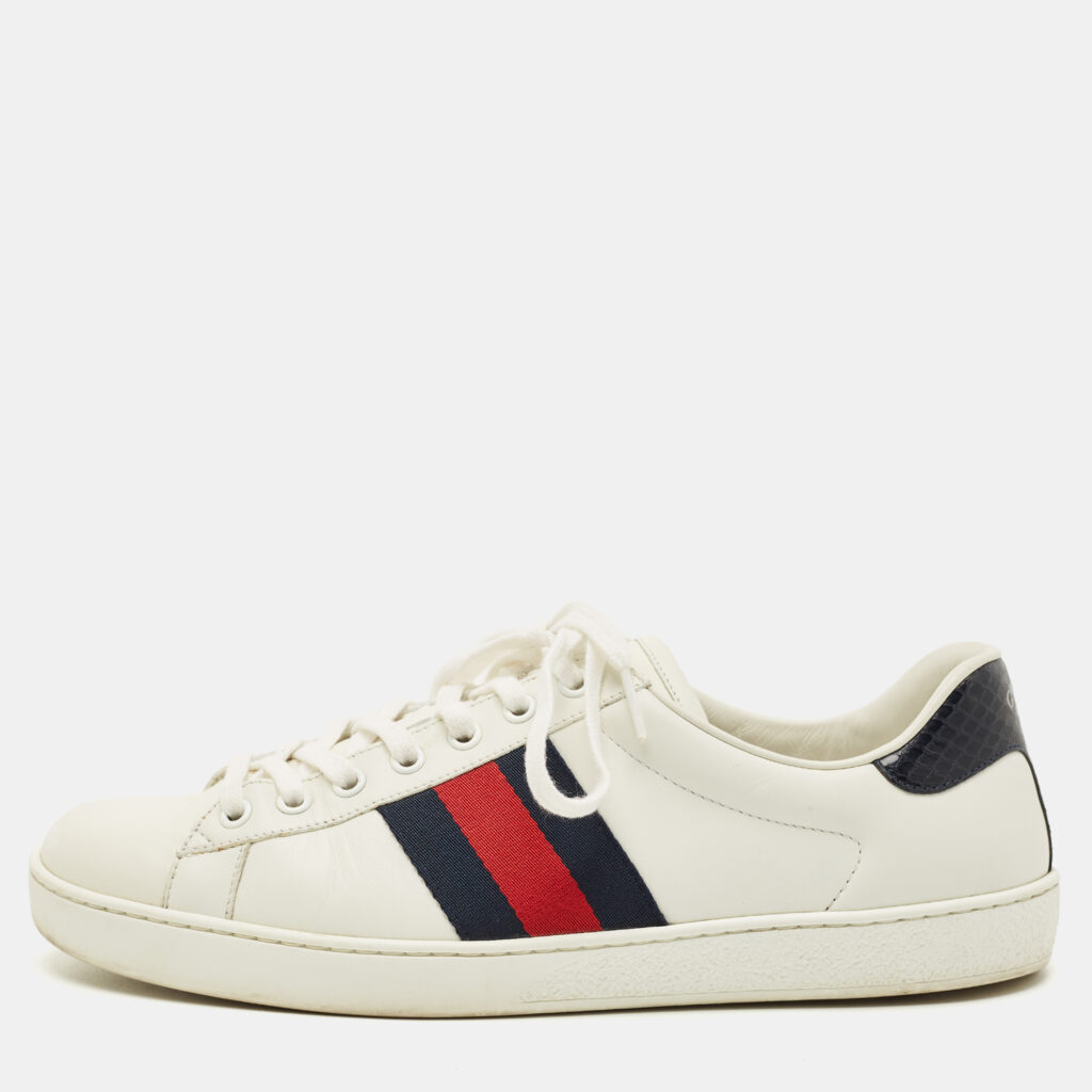 Gucci White Leather and Python Embossed Leather Web Ace Lace Up Sneakers Size 42.5 Gucci White Leather and Python Embossed Leather Web Ace Lace Up Sneakers Size 42.5