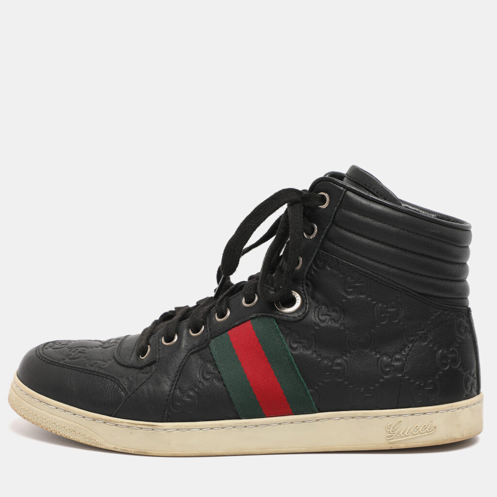 Gucci Black Guccissima Leather Web Detail High-Top Sneakers Size 40.5 Gucci Black Guccissima Leather Web Detail High-Top Sneakers Size 40.5