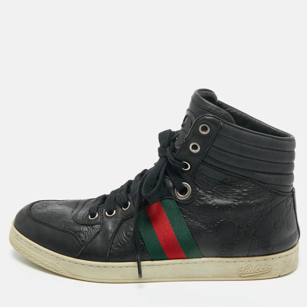 Gucci Black Guccissima Leather Web Detail High-Top Sneakers Size 40 Gucci Black Guccissima Leather Web Detail High-Top Sneakers Size 40