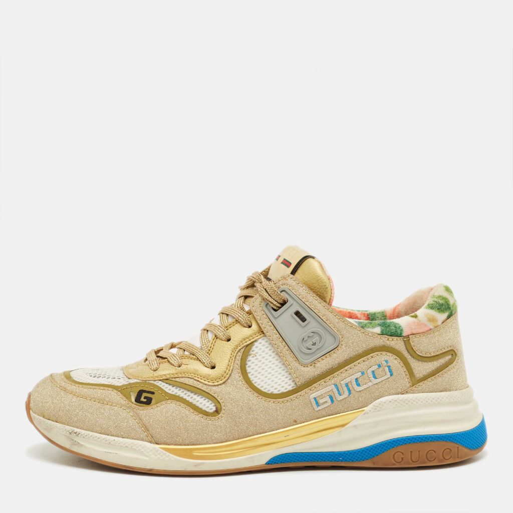 Gucci Gold/White Mesh, Glitter and Leather Ultrapace Low Top Sneakers Size 41