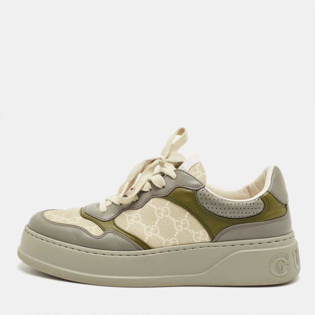 luxury-men-gucci-used-shoes-p1220232-001-1.jpg Gucci Multicolor Canvas and Leather Chunky B Low Top Sneakers Size 41.5