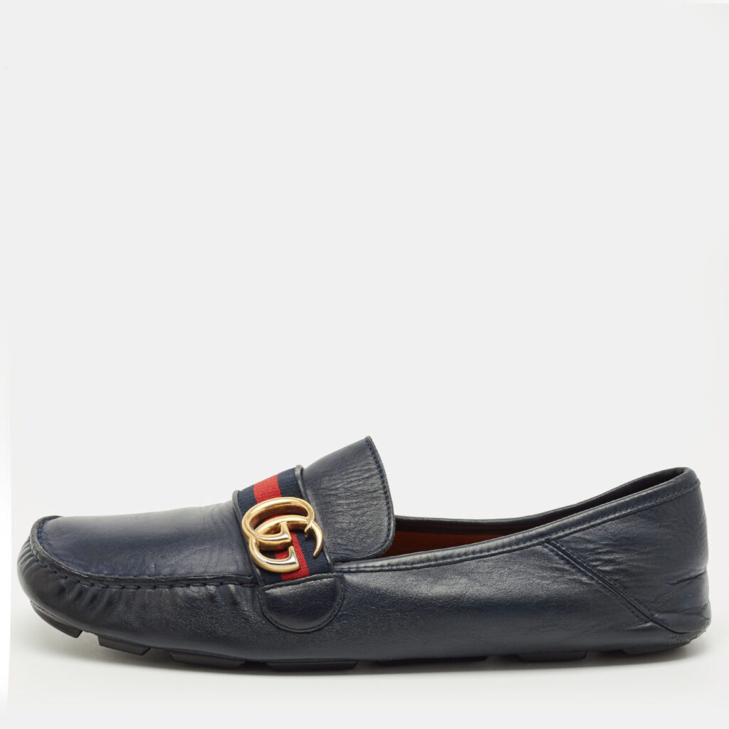 Gucci Navy Blue Leather GG Marmont Web Driver Slip On Loafers Size 44 Gucci Navy Blue Leather GG Marmont Web Driver Slip On Loafers Size 44