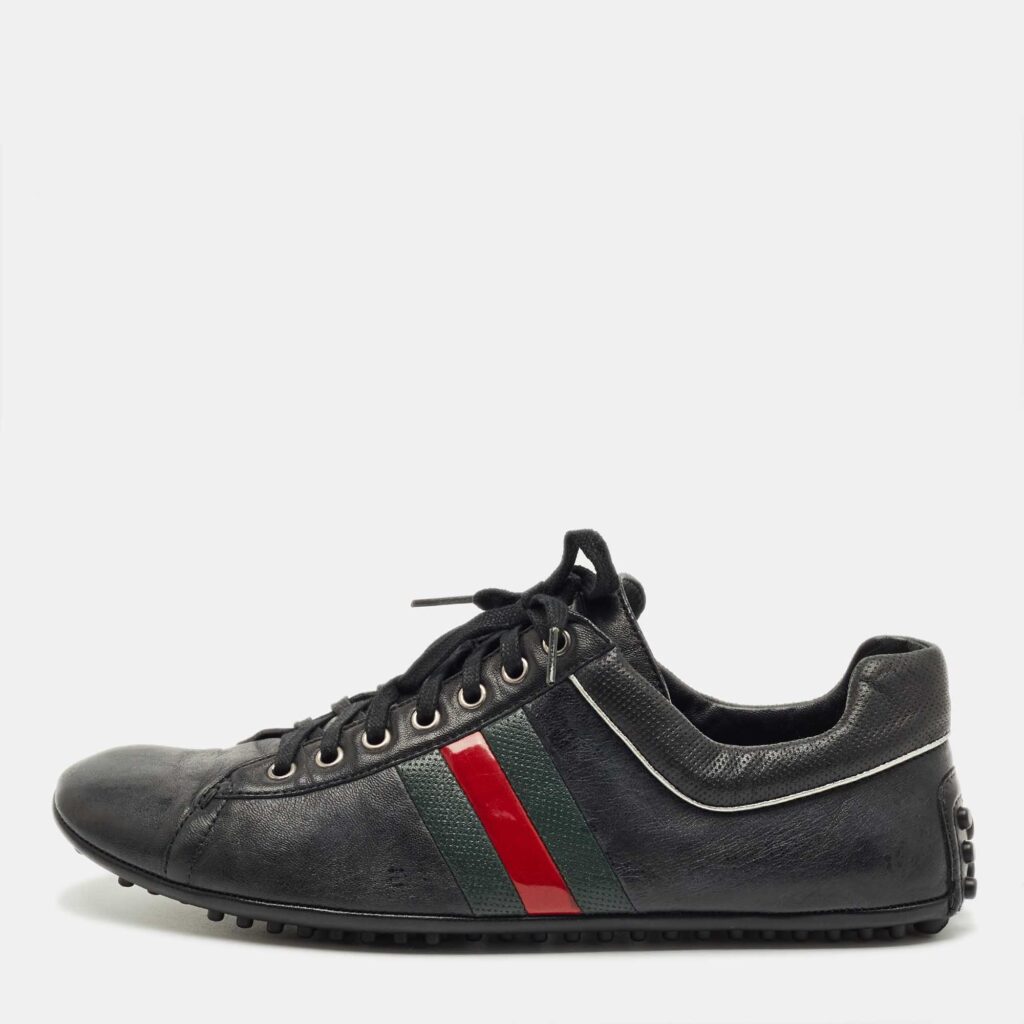 Gucci Black Leather and Web Low Top Sneakers Size 45 Gucci Black Leather and Web Low Top Sneakers Size 45