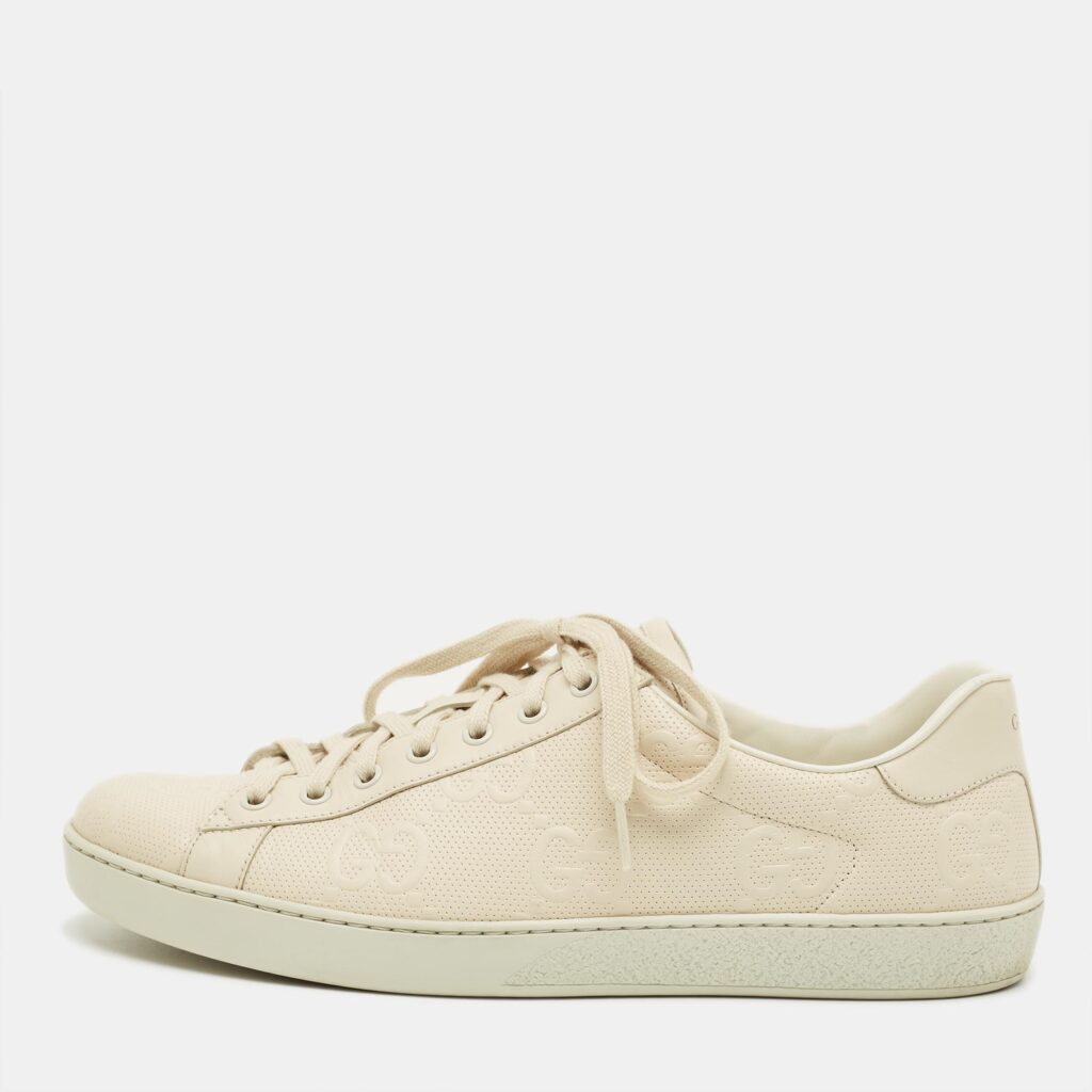 luxury-men-gucci-used-shoes-p1231033-001.jpg Gucci Cream Perforated Leather Lace Up Sneakers Size 45.5