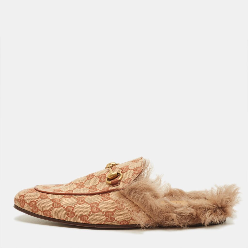 Gucci Brown Canvas and Fur Lined Princetown Flat Mules Size 41