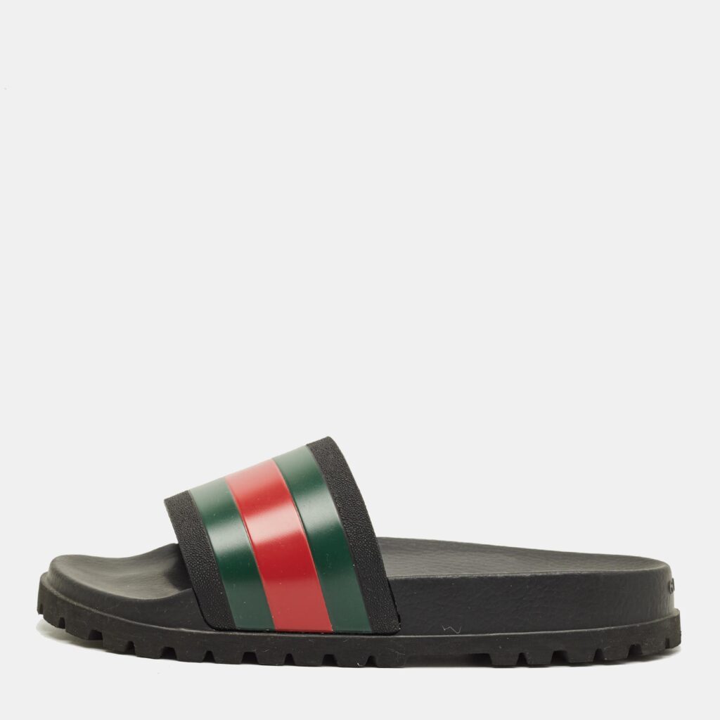 Gucci Black Rubber Web Pool Slides Size 45