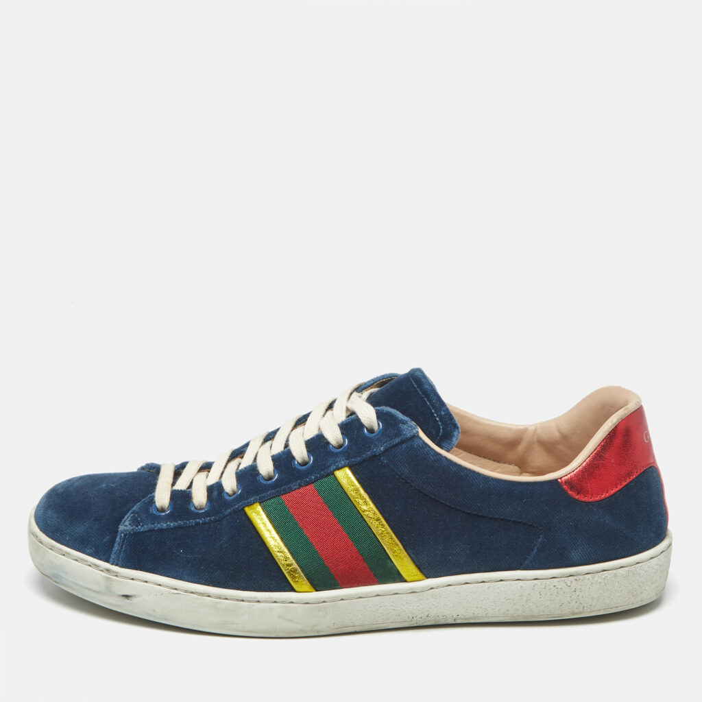 Gucci Blue Velvet And Leather Web Detail Low Top Sneakers Size 42.5