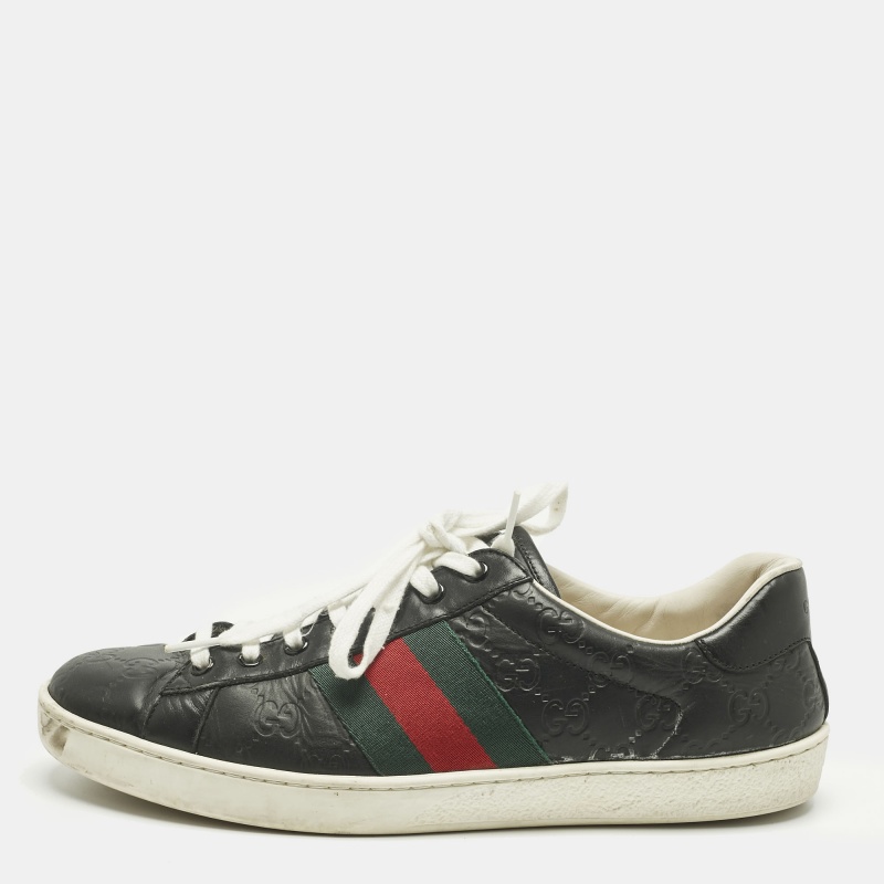 Gucci Black Leather Ace Web Lace Up Sneakers Size 42.5